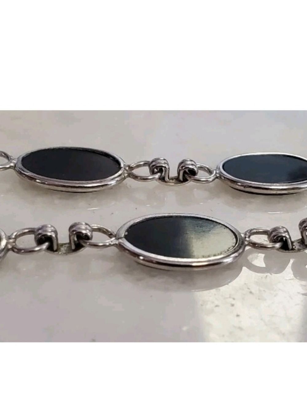 Christian Dior Sterling Silver Black Onyx Oval Link 7.5" Bracelet w/Safety Chain - Picture 7 of 7
